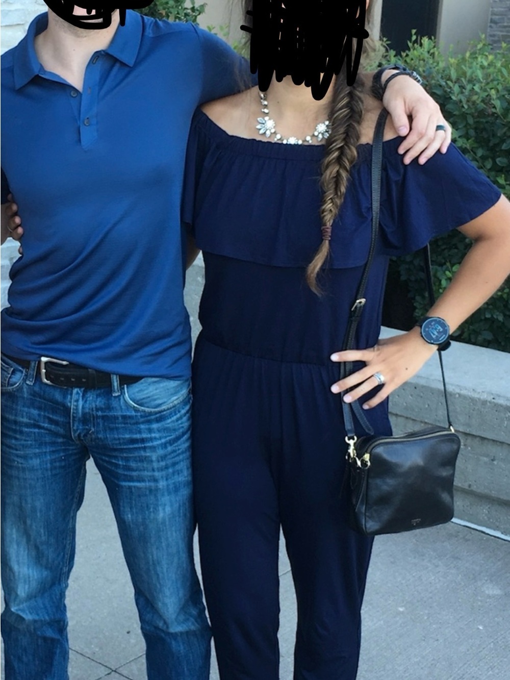 Trina Turk Navy Off-Shoulder Ruffle Jumpsuit